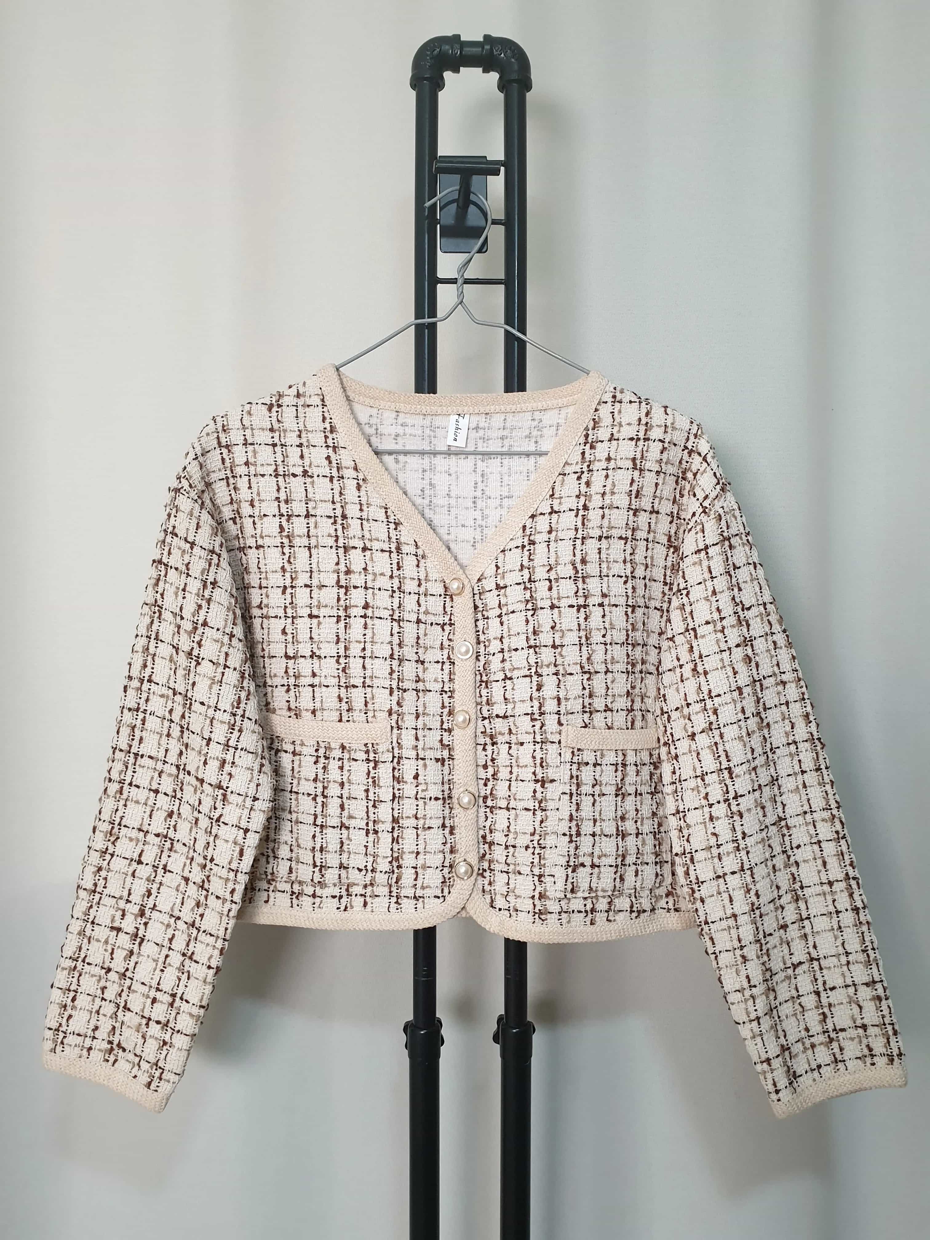 Cream & Burgundy Tweed Cropped Sweater